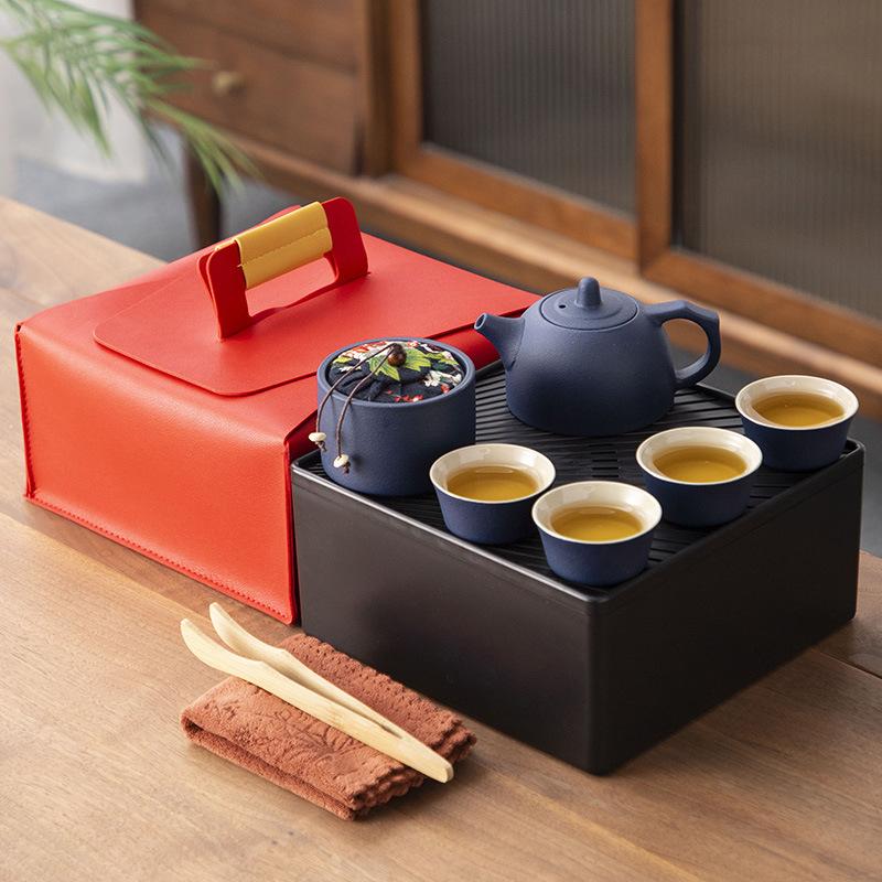 Japanese-style black pottery outdoor portable travel tea set, beam pot, dry tea tray, business company gift