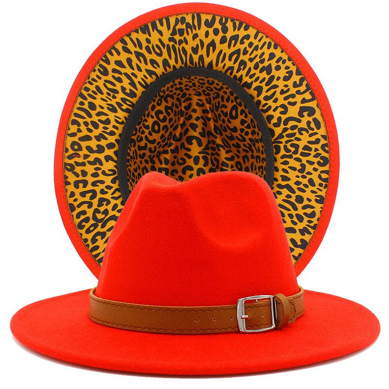 Autumn and winter new leopard print woolen top hat outdoor big edge warm felt hat belt British style jazz hat Wish