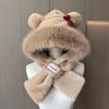 Red Bow Cute Bear Ear Plush Hat Scarf Integrated Women'S Winter Thickened Warm Riding Ear Protection Hooded
