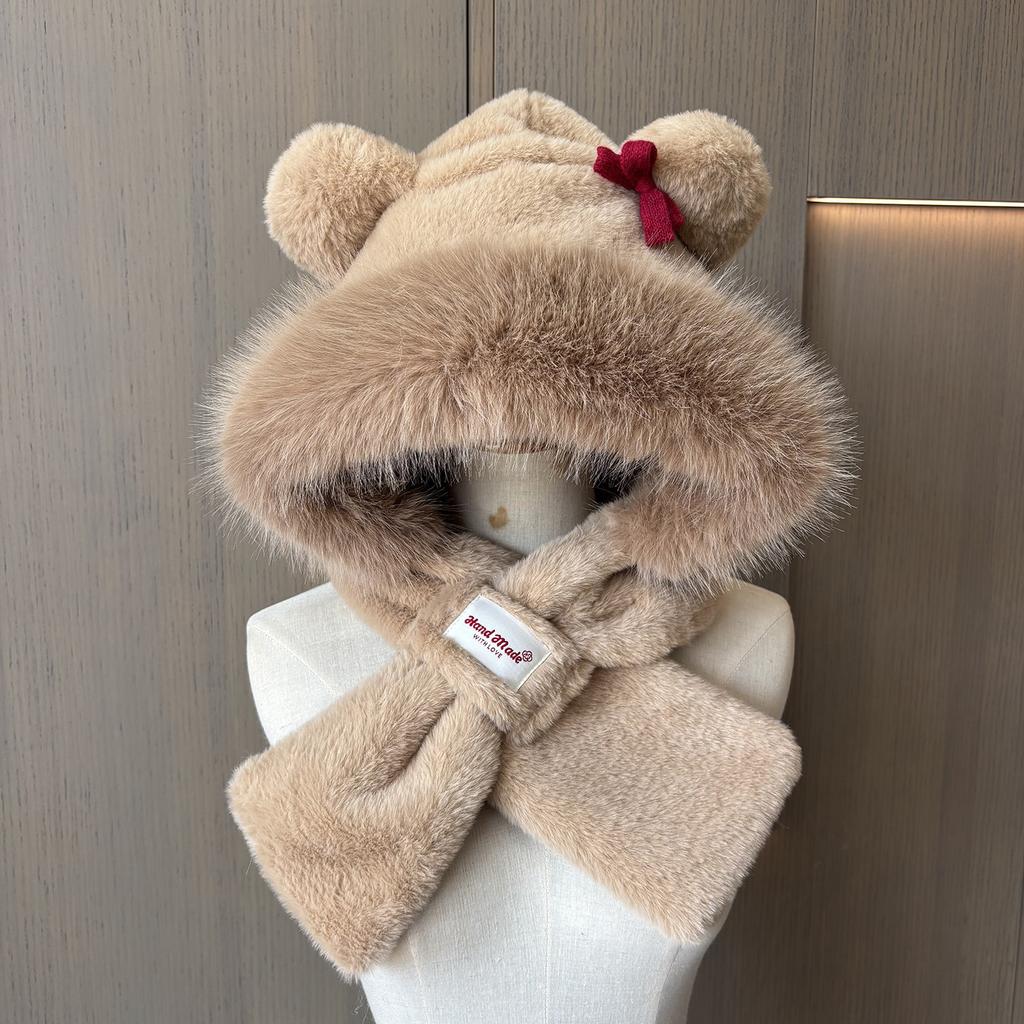 Red Bow Cute Bear Ear Plush Hat Scarf Integrated Women'S Winter Thickened Warm Riding Ear Protection Hooded