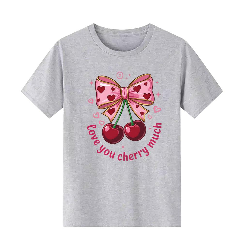 Fashionable and cute bow cherry cartoon print pattern daily Tshirt short sleeved round neck versatile Womens Tshirt