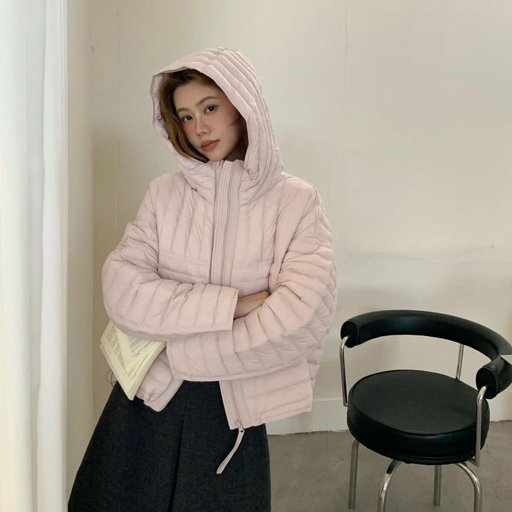 White duck down ribs light puffs hooded down jacket women's new loose and thin versatile warm jacket