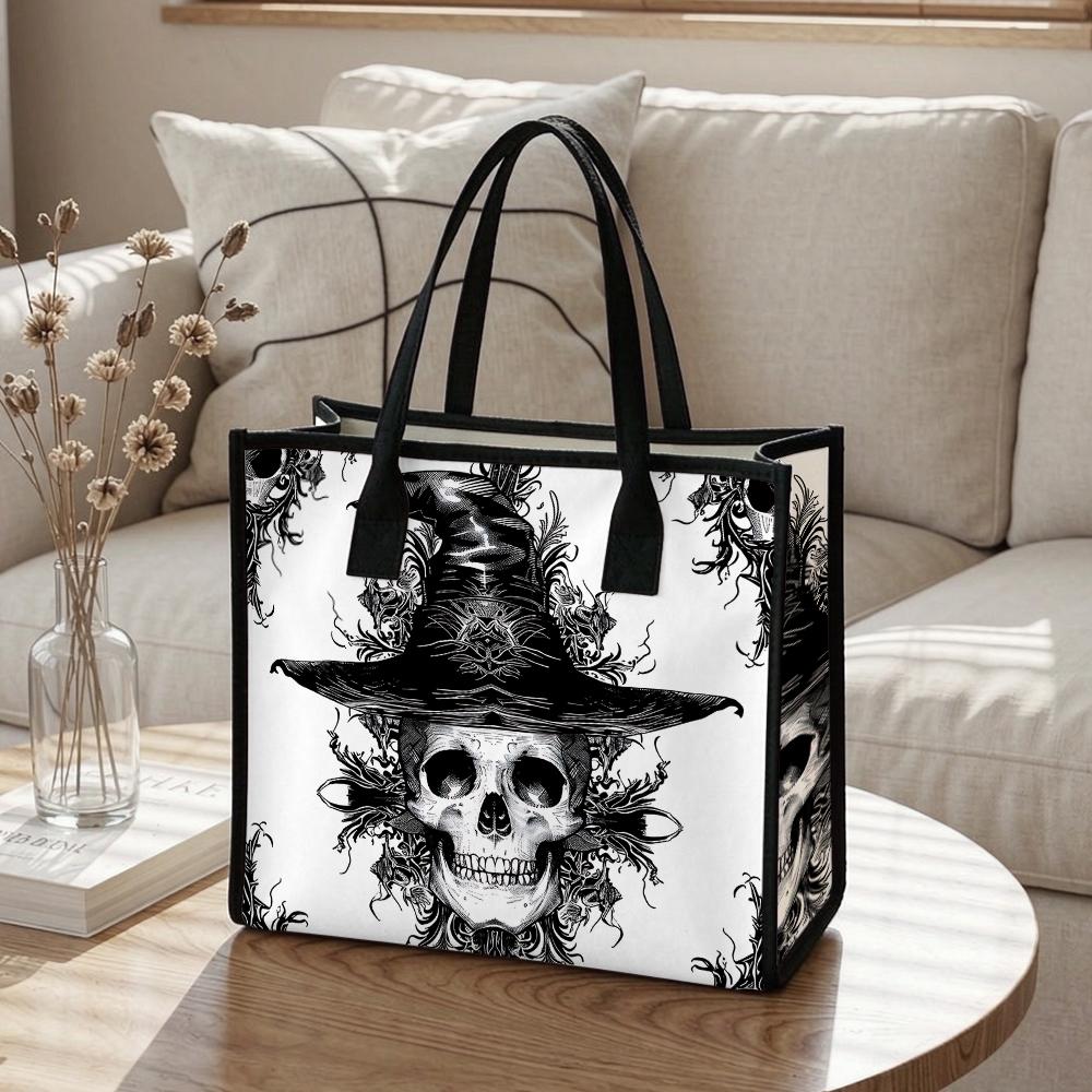 Gothic Witch Skull Pattern Tote Bag Halloween Style Portable Shoulder Handbag for Daily Use