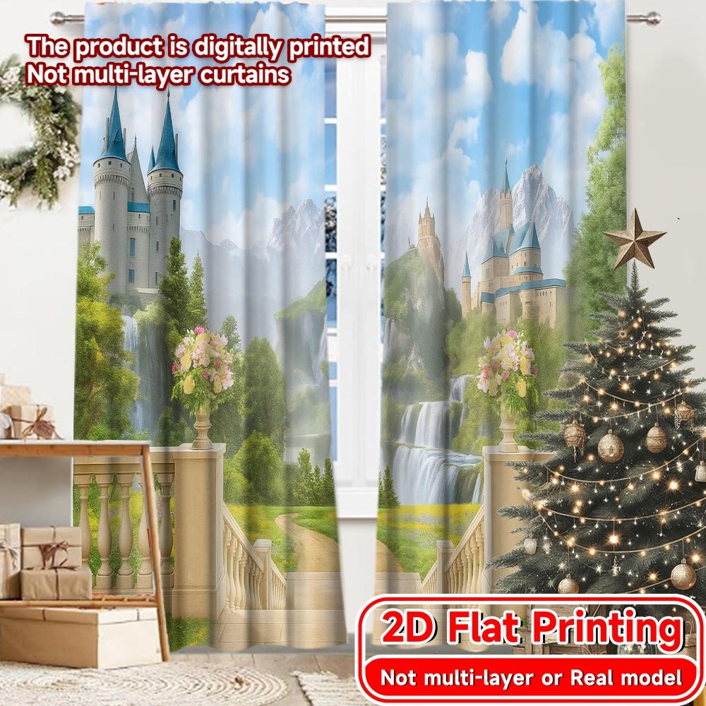 

2pcs, 2D FLAT PRINTING Curtains (Without Rod) Enchanted Castle Holiday Halloween Christmas Printed Curtains Versatile Fabric 52.50 × 116.00 cm 2 pcs