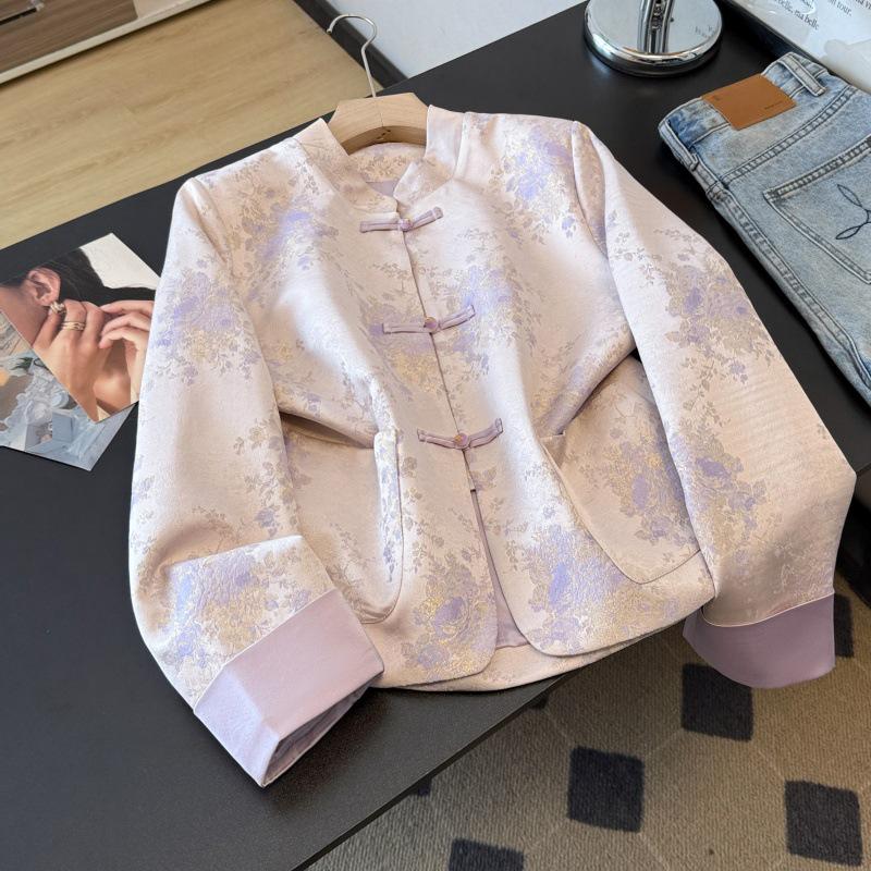 Women s Spring Retro Chinese Style Jacquard Tang Suit Cardigan with Frog Buttons M