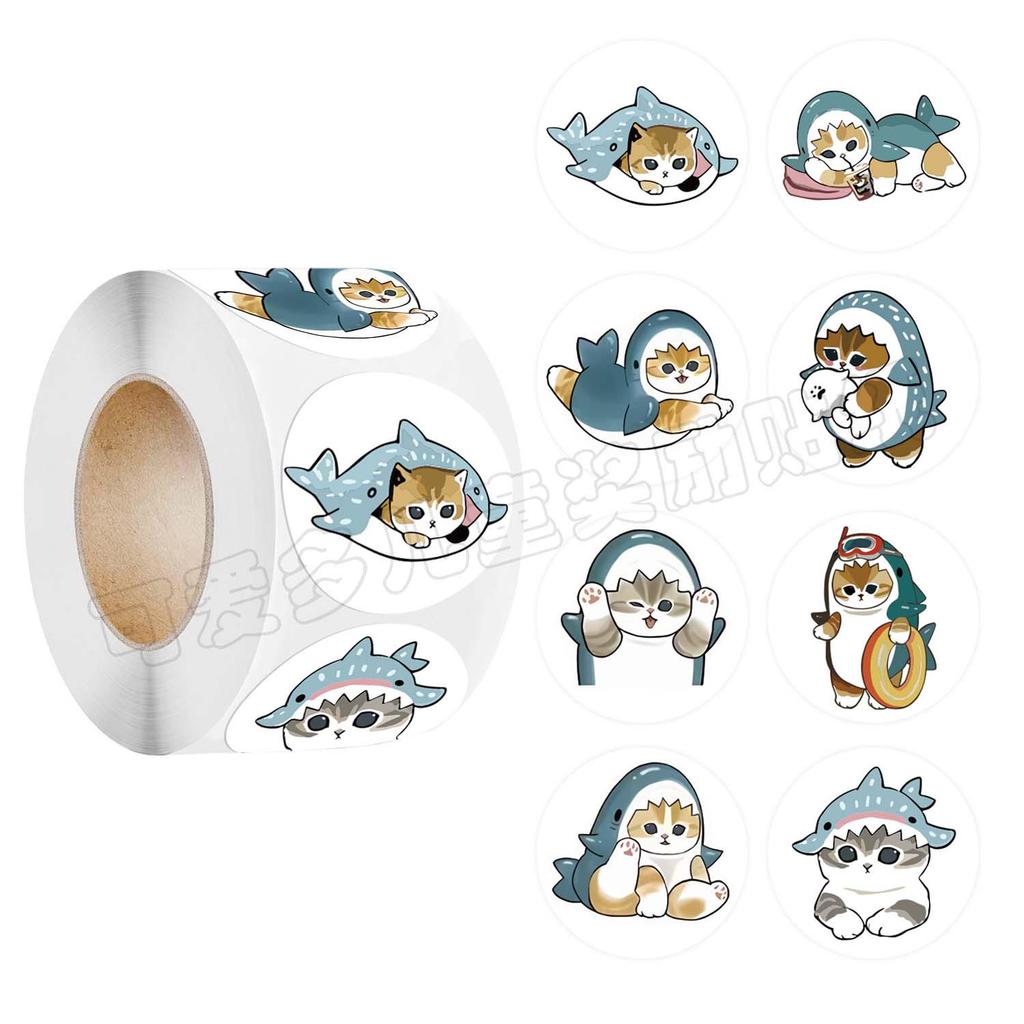 500 Cartoon Shark Cat Stickers, Round Self-Adhesive Labels On Roll