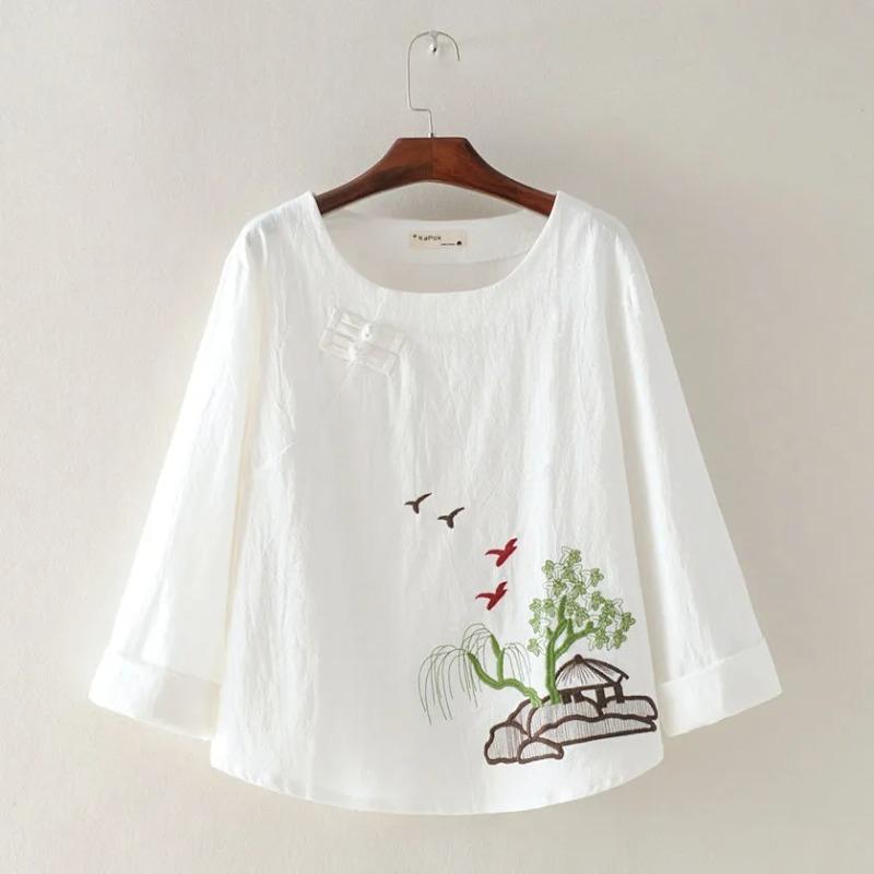 Womens Landscape Embroidered Linen Blend 3/4 Sleeve Blouse M белый