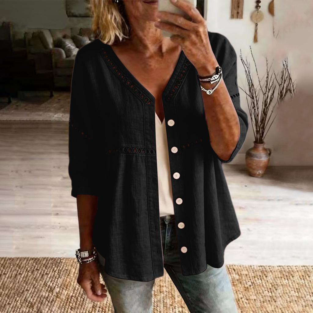 Damen Button-Down Leinenhemden 3/4 Ärmel V-Ausschnitt Lochstickerei Blusen Lässige Baumwolle Hohlstrick Boho Tops