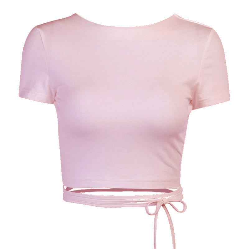 Open Back Crop Tops Summer Women Bandage Lace-up Backless Solid Pullover T Shirt Slim Tee