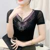 Summer Sexy V-Neck Short Sleeved Women's T-Shirt Fashion Shiny Hot Diamonds Mesh Tees Female All Match Casual Tops Blusas