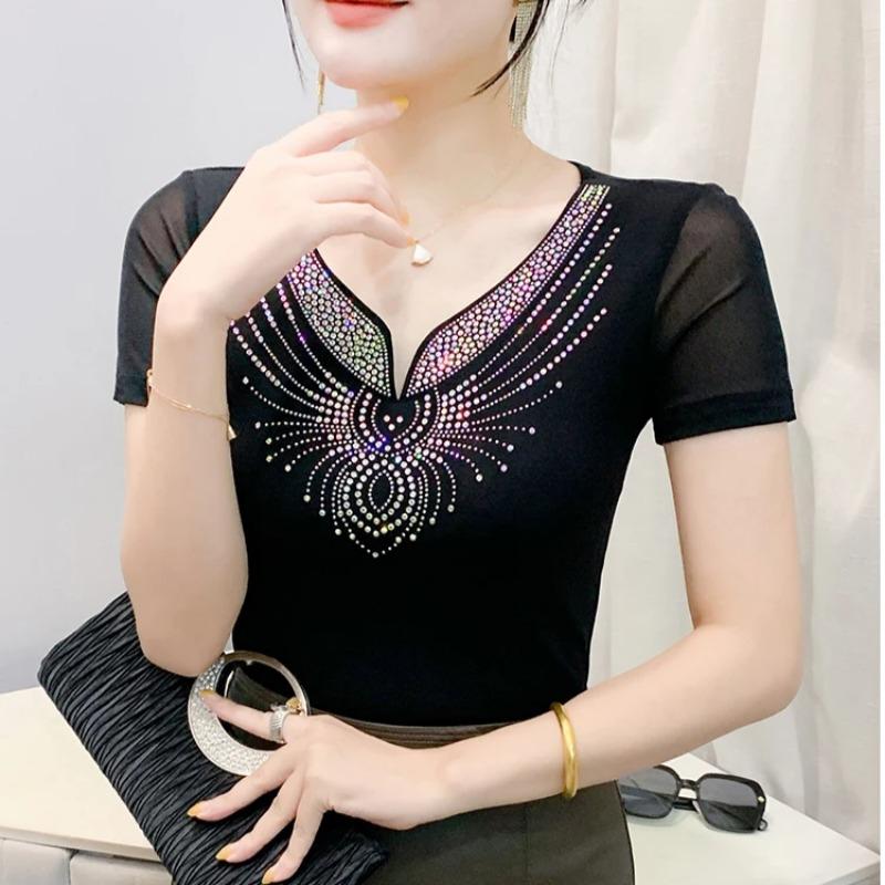 Summer Sexy V-Neck Short Sleeved Women's T-Shirt Fashion Shiny Hot Diamonds Mesh Tees Female All Match Casual Tops Blusas
