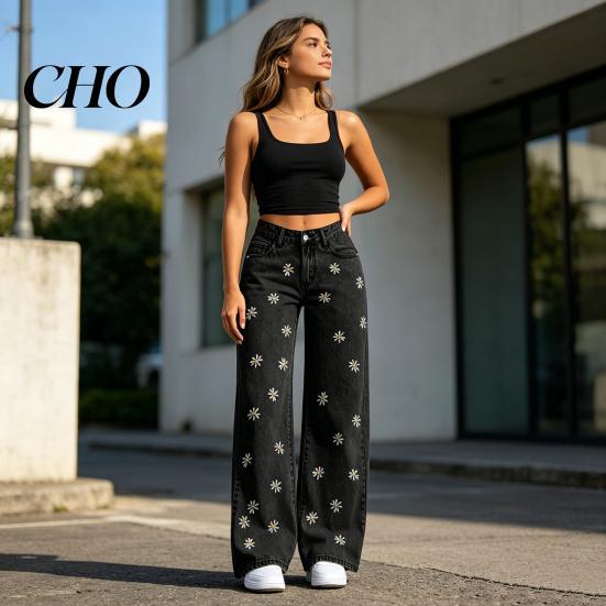 Stretchy Slim Jeans Girl's Bow Cherry Print Baggy Jeans, Wide Leg Mid Waisted Denim Pants for Women Pants, Zipper Fly Elastic Casual Streetwear