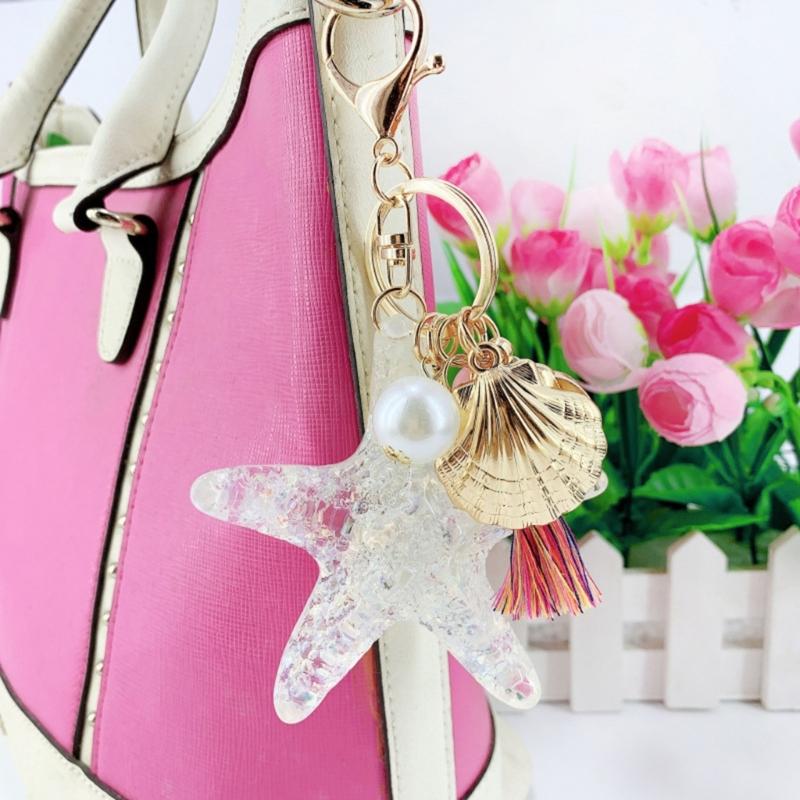 Practical Elegant White Starfishes Keychain With Pearls Accent For Car Key And Bags Metal And Acrylic Construction