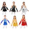 Kids Girls Latin Dance Cha-Cha Performance Costume Cross Front Cutout Back Sparkly Sequins Tassel Leotard with Sequin Tassels Metallic Gloves