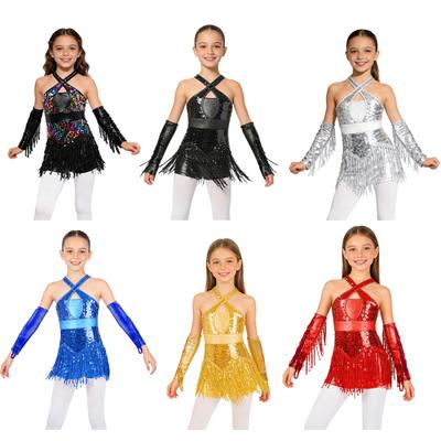 Girls Sparkly Sequins Cross Front Cutout Back Tassel Leotard Sequin Tassels Metallic Gloves Latin Dance Set