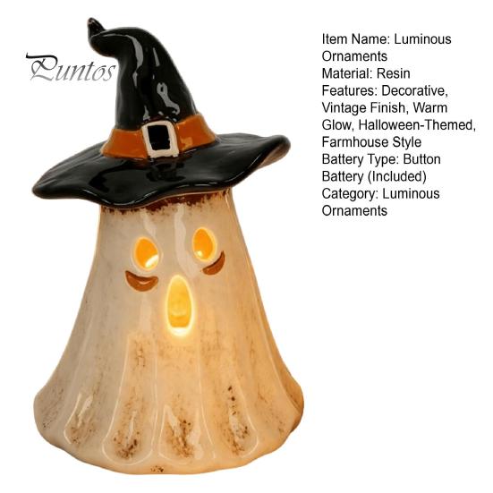 Farmhouse Style Autumn Decor Witch Hat Ghost Tealight Candle Holder, Vintage Resin Halloween Tabletop Rustic Pastoral Theme Ornaments with Warm