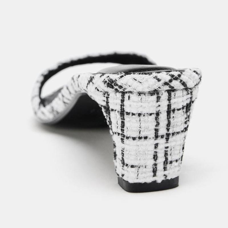 Luxury Designer Fabric Heeled Mule Sandal Women Fashion Plaid Front Strap Slide Sandal Sexy Square Toe Open Toe Stiletto Slipper