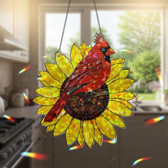 Red Bird Sunflower Acrylic Decoration Indoor Outdoor Garden Yard Window Wall Hanging