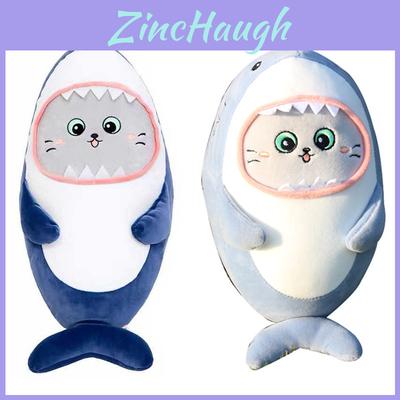 Cute Shark Plush Pillow With Cat Face Stuffed Animal Blue/grey 30/60cm Super Soft Short Plush