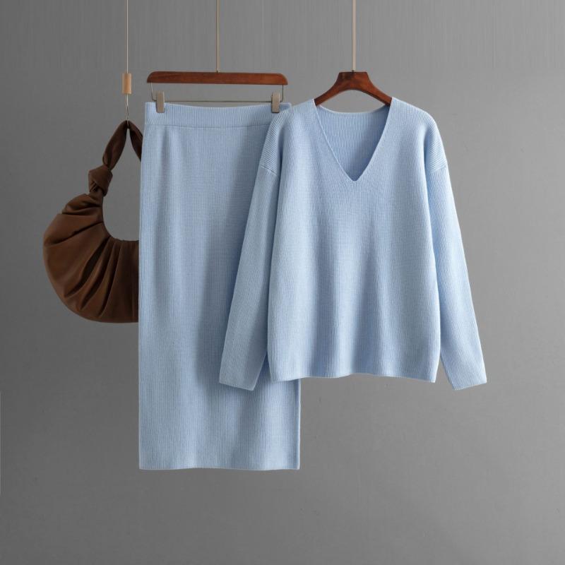 Suit Women's New Autumn and Winter Collar Long-sleeved Loose Knitted Skirt Fashionable Commuter Two-piece Suit Women