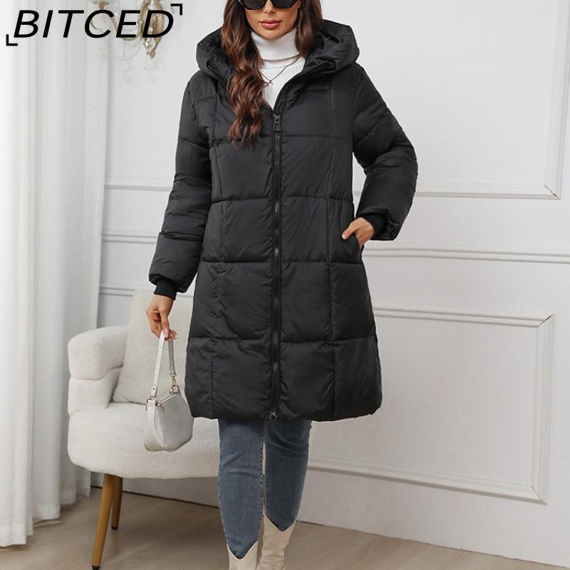 

BITCED Stylish Slim-Fit Hooded Women s Mid-Length Thickened Waist-Defining Cotton-Blend Coat S чёрный