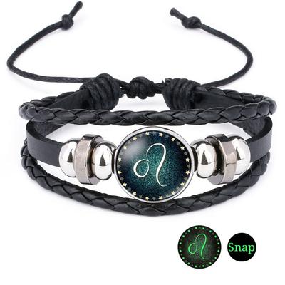 Pulseira de pedra preciosa artificial Luminous Twelve Constellation ;Pulseira Tecida de Cordão Contas Couro PU 12 Constelações
