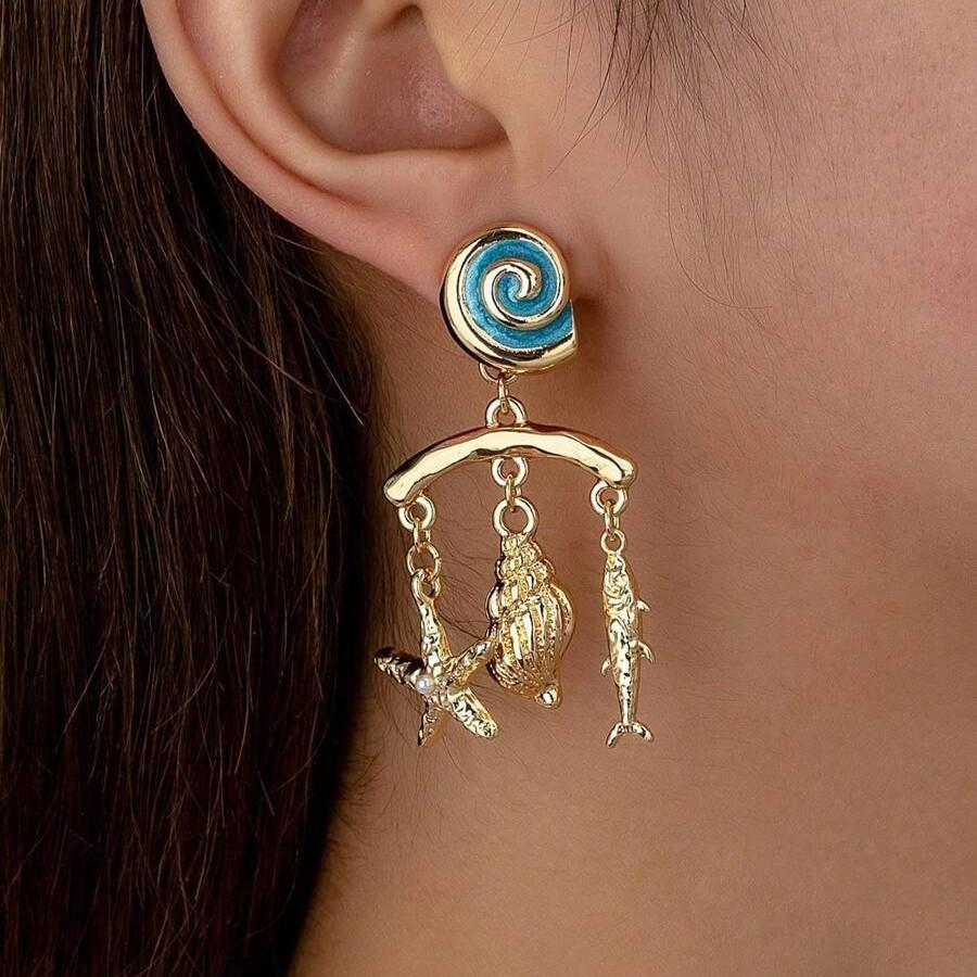 Fashion Stainless Steel Ocean Series Conch Shell Fish Earrings Earrings Stud Earrings Gold Plated