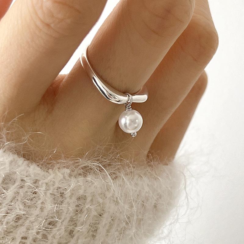 

925 Sterling Silver Geometric Pearl Tassel Rings For Women Men Simple Design Fashion Open Adjustable Handmade Couple Ring Gift resizable