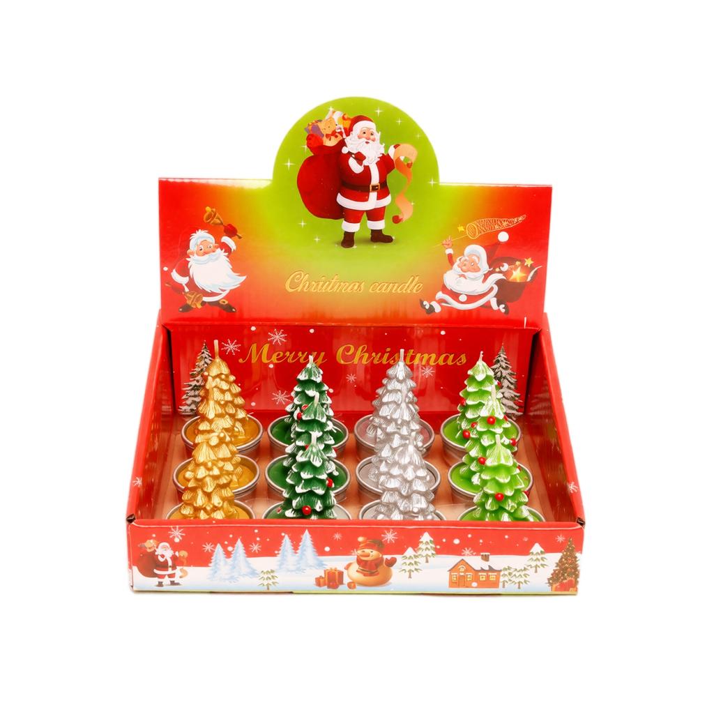 Christmas Tea Light Candles 12 Pack, Painted Aluminum Shells with Snowman, Santa and Christmas Tree Designs, Gift Box Set