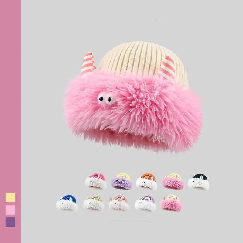 Cute and funny plush knitted hat children keep warm in winter new little monster horn ear protector hat shows small face