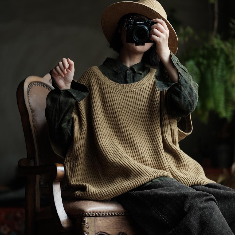 Retro Earth Yellow Wool Oversized Vest Sweater - Autumn Collection
