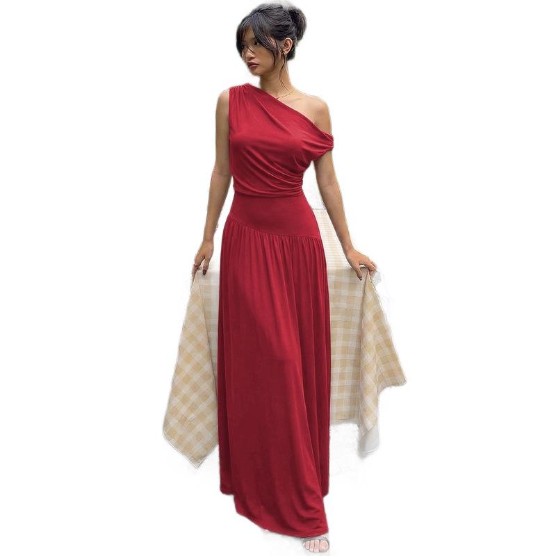 Summer New European and American Women's Clothing Temperament Solid Color Diagonal Collar Sleeveless Waist Thin Hip-wrapped Dress Women