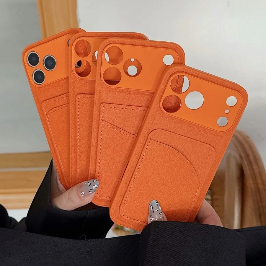 Orange Color Card Holder Leather Case For iPhone 17 Air 16 E 15 14 13 12 Mini 11 Pro X XR XS Max 7 8 Plus SE Wallet Pocket Cover