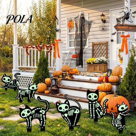 Luminous Outdoor Halloween Decorations Skeleton Cat Garden Stake, Glow in The Dark Ornament, Spooky Black Lawn Decor Acrylic Yard Art Stake