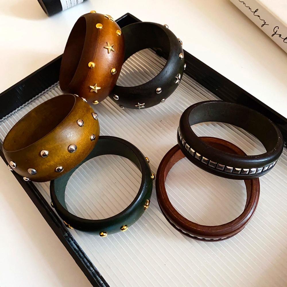 Punk Wooden Bracelet Wide Rivets Bangle Vintage Round Bracelet  Women