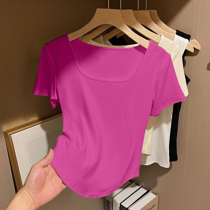 Top da donna a maniche corte con scollo quadrato, vestibilità regular, T-shirt casual a coste, tinta unita