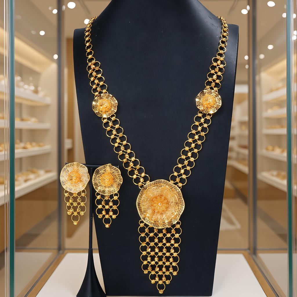 Gold-Plated Flower Tassel Jewelry Set for Women - Middle Eastern Retro Wedding Banquet Necklace and Earrings