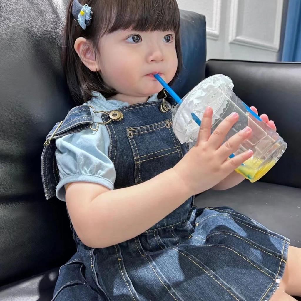 2024 Trendy Korean Style Girls' Summer Two-Piece Overalls Dress Set