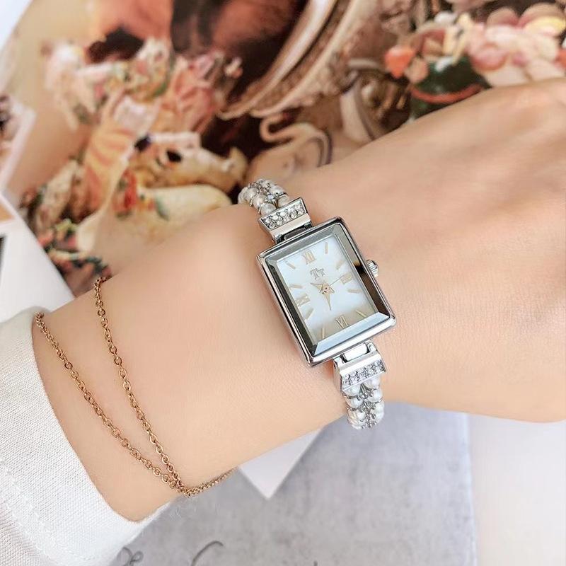 Medieval Style Pearl Bracelet Rectangular Small Fragrant Style Watch Fritillary Small Dial Retro Small Green Watch