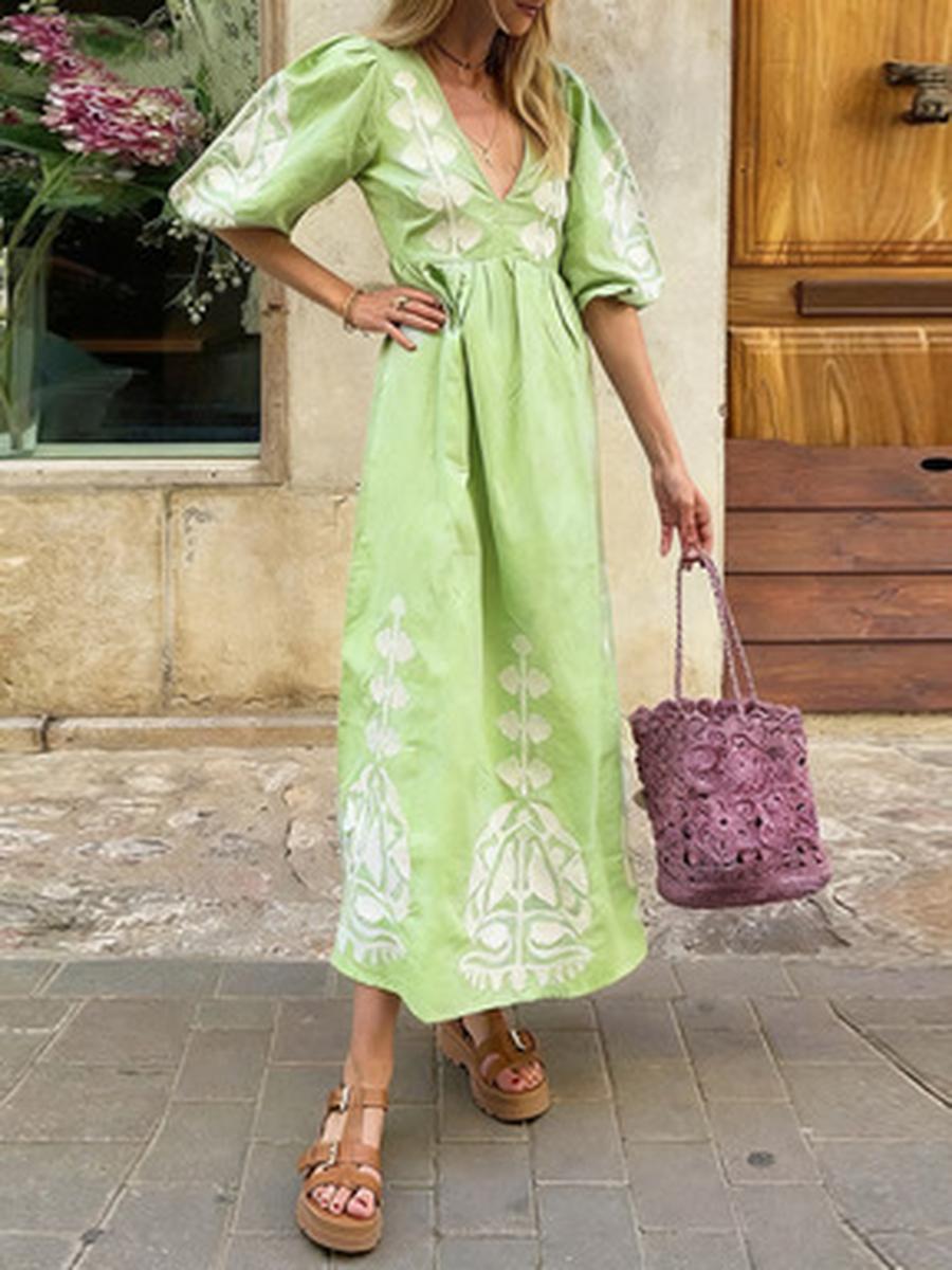 

Большое свободное платье с открытой спиной, с вырезами, с цветочным принтом, V-образным вырезом и рукавами-пузырями для женщин XXL шартрёз