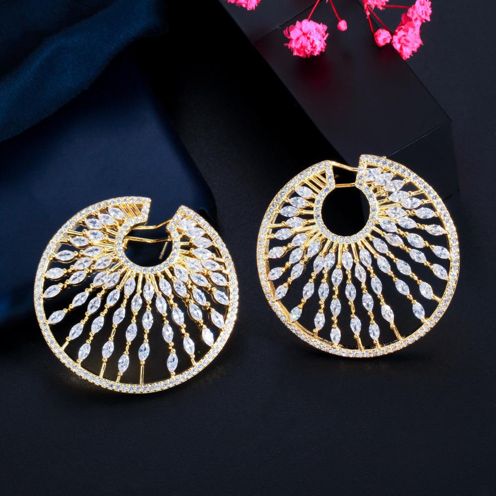 Disc Shape Micro-Inlaid Zircon Earrings Pin Copper Gold-Plated Personalized Round Large Earrings