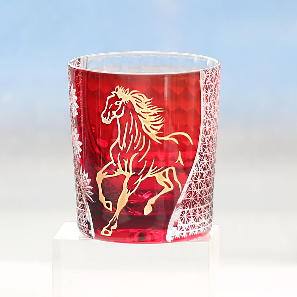 Edo Kiriko Colored Crystal Glass Tumbler Cutting Gold Horse Design For Whiskey And Iced Beverages