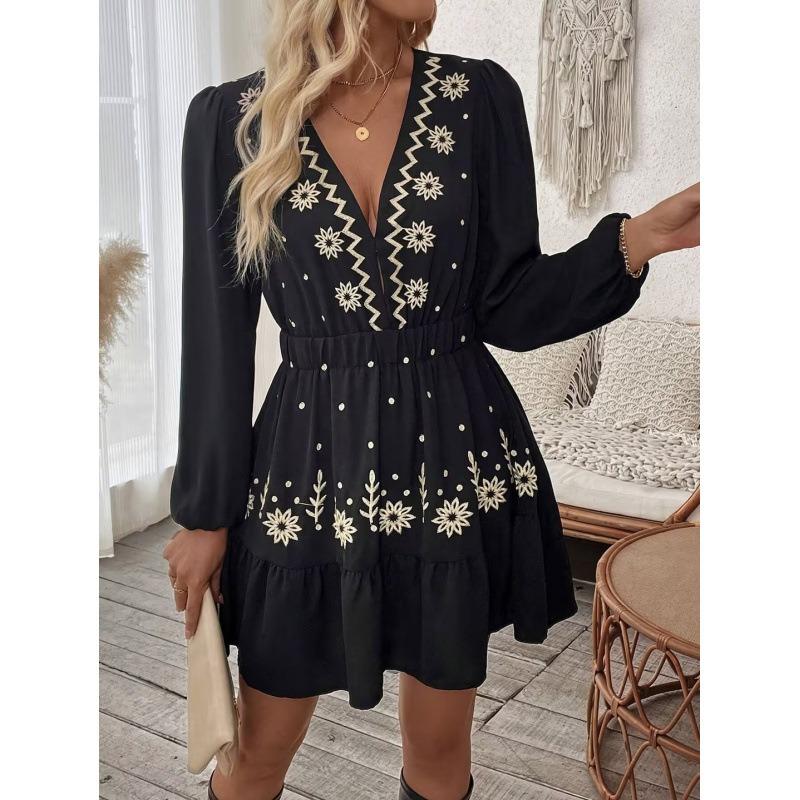 

Women Embroidered Long Sleeve Mini Dress V Neck Elastic Waist Boho Style S чёрный