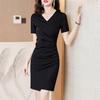 Damen Sommer Freizeitkleid Kurzarm V-Ausschnitt Hohe Taille Raffung Bodycon Mini Einteiler Slim Fit Kleid