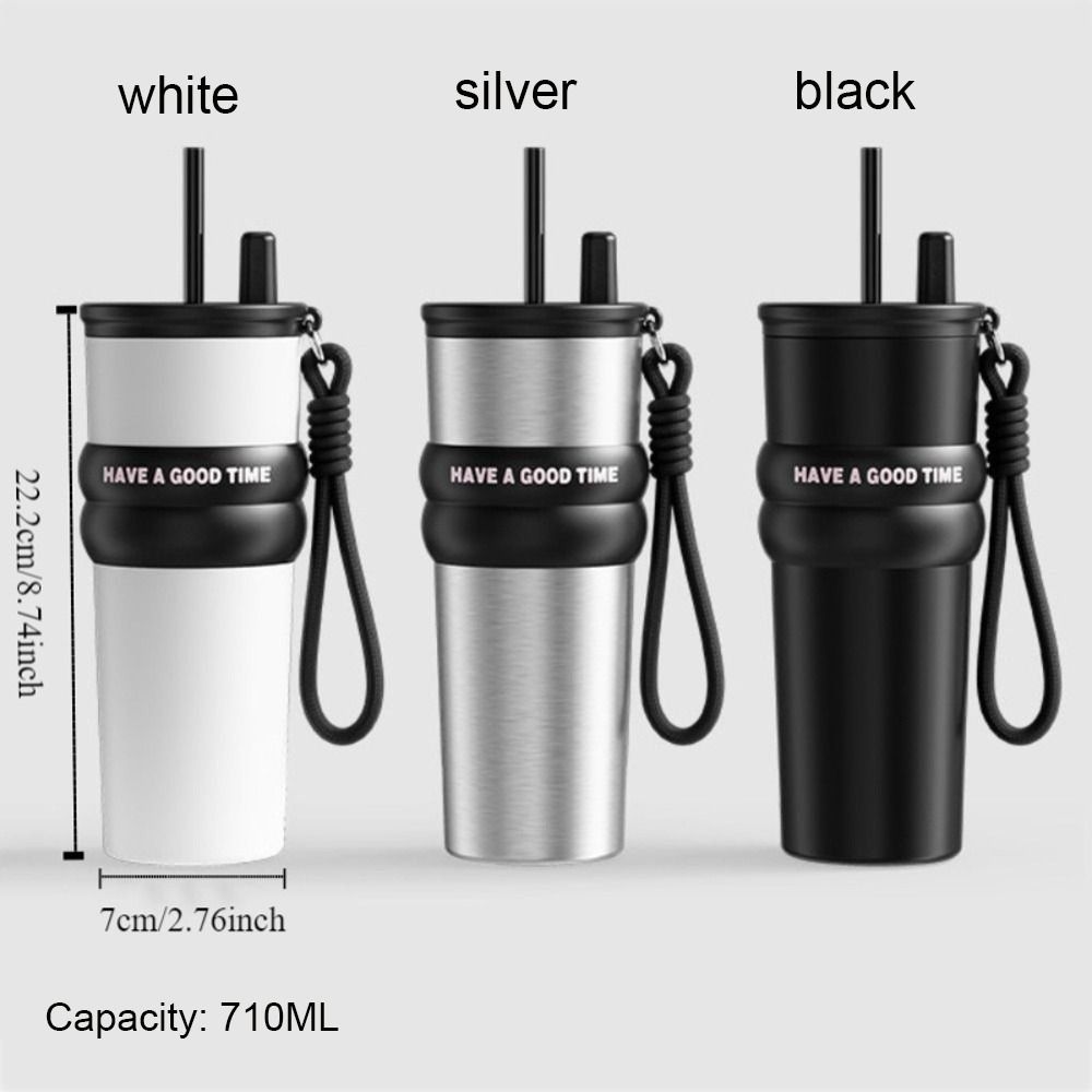 Stainless Steel Vacuum Insulated Bottle Large Capacity With Straw Leak-proof Thermos Large Caliber with Lifting Rope Thermal Cup