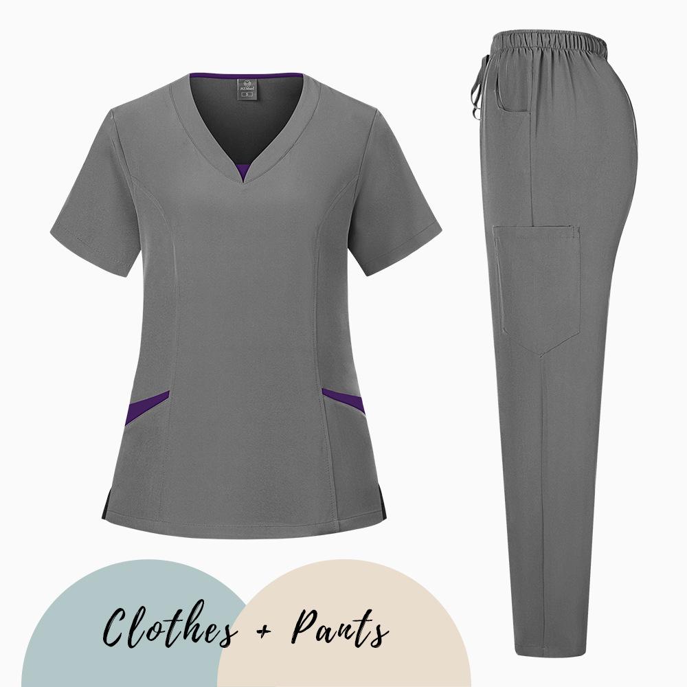 Elastic V-Neck Short Sleeve Scrub Suit for Dental Clinic, Salon, or Nurse Uniform