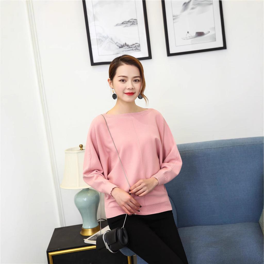 2021 autumn and winter new Dalang women's knitted sweater one-word neck loose pullover sweater batman fashion solid color top