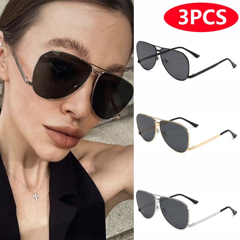 3pcs Retro Trend Oval Pilot Sunglasses Double Bridge Goggles Women Outdoor Metal Sun Glasses High Quality Classic UV400 Unisex