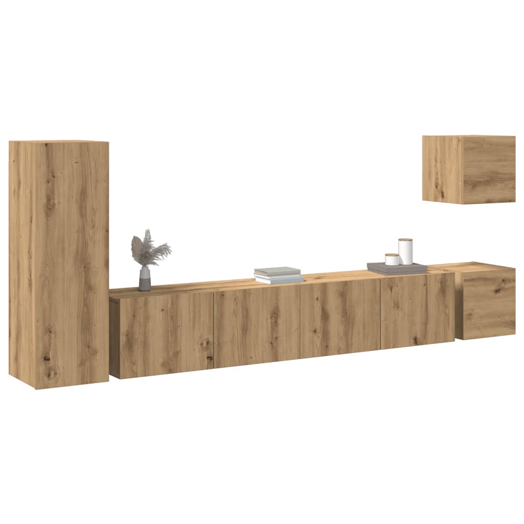 5 Piece Wall Mounted TV Cabinet Set Artisan Oak Effect Particleboard