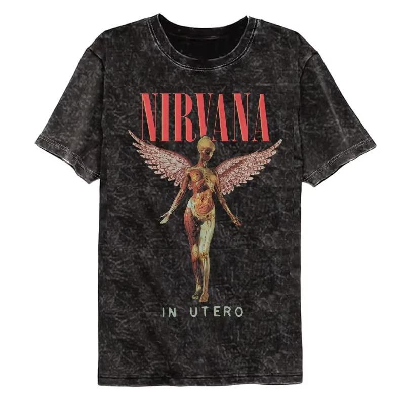 Nirvana Rock Band Men's Retro Cotton Washed Tee In Utero Album Man Women's Oversized Y2K Distress Tshirt Casual Loose Streetwear